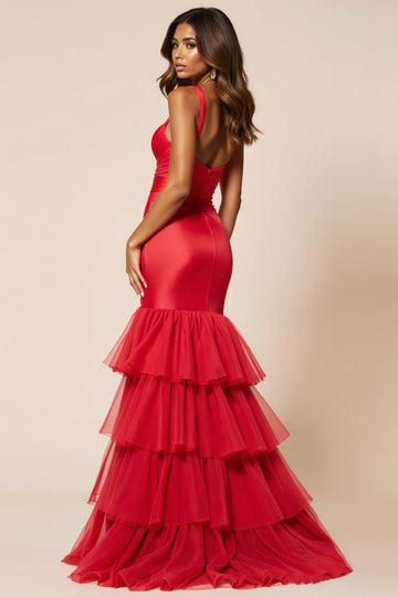 Mermaid Red Tiered Ruffled Long Prom Dress With Slit